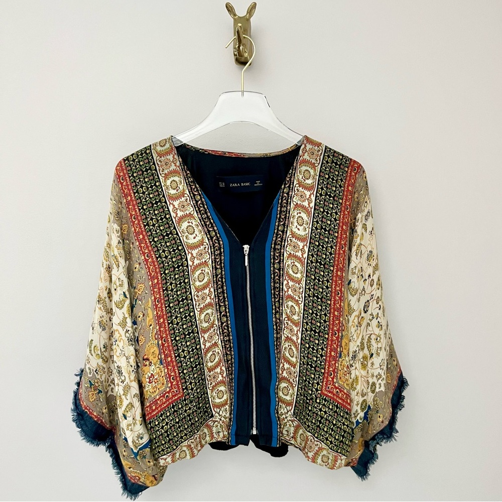 Zara Boho Scarf Print Fringe Kimono Sleeve Zip Blouse XS - Picture 2 of 13